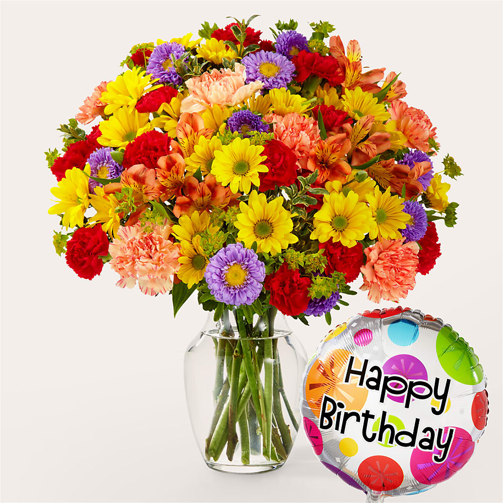 Kaleidoscope Bouquet with Birthday Balloon – Fleuriste Rive Sud, Longueuil PQ