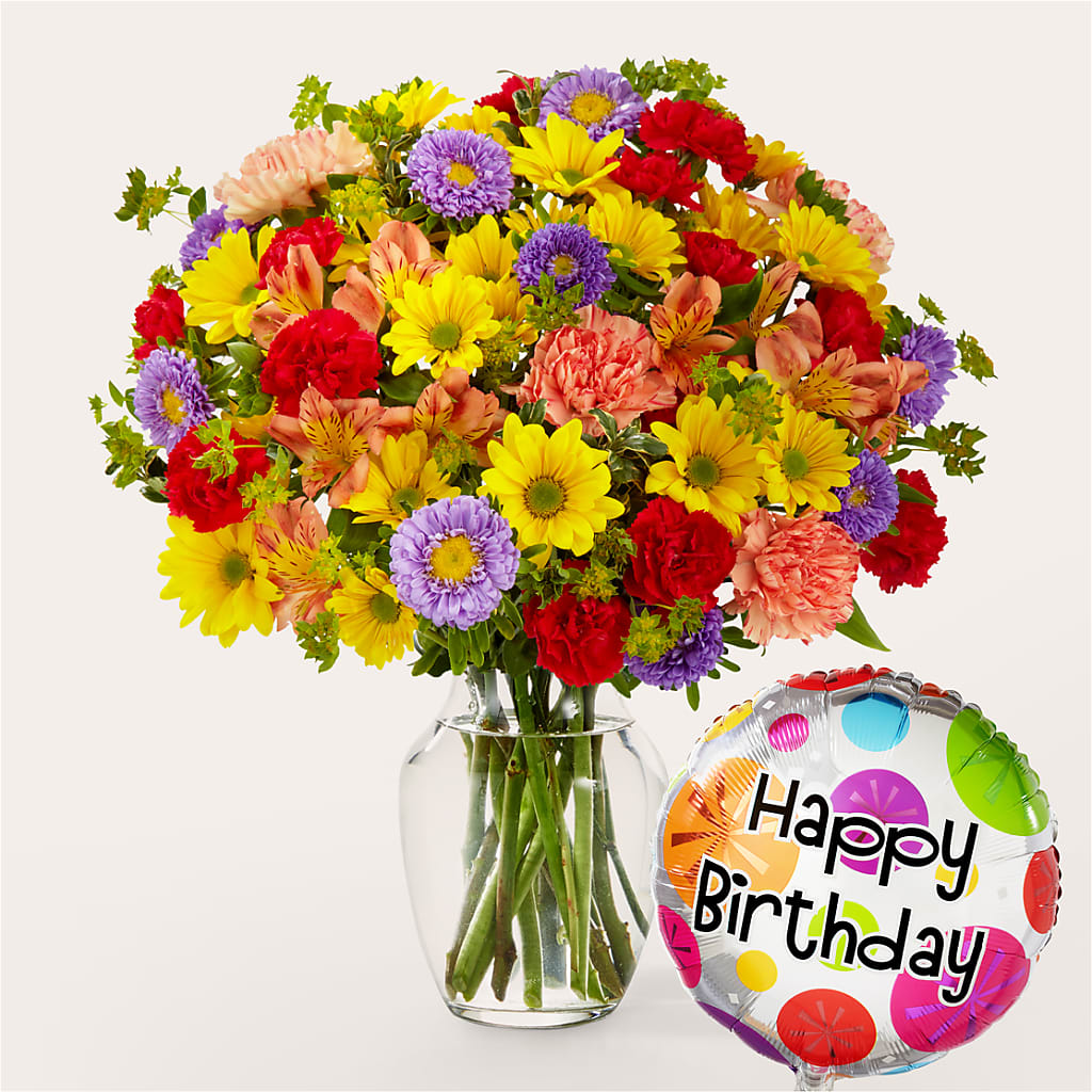 Kaleidoscope Bouquet with Birthday Balloon – Fleuriste Rive Sud, Longueuil PQ