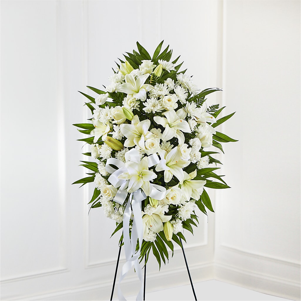 Exquisite Tribute Standing Spray-White Ribbon – Fleuriste Rive Sud, Longueuil PQ