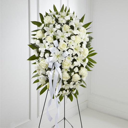 Exquisite Tribute Standing Spray-White Ribbon –  Fleuriste Rive Sud, Longueuil PQ