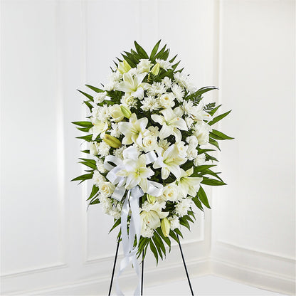 Exquisite Tribute Standing Spray-White Ribbon –  Fleuriste Rive Sud, Longueuil PQ
